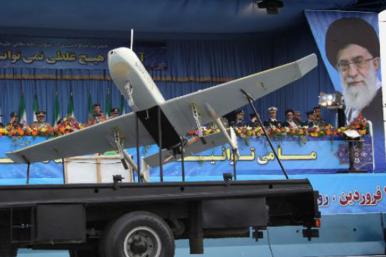 Photo of a Shahed drone in an Iranian military parade near imagery of Supreme Leader Khamenei..